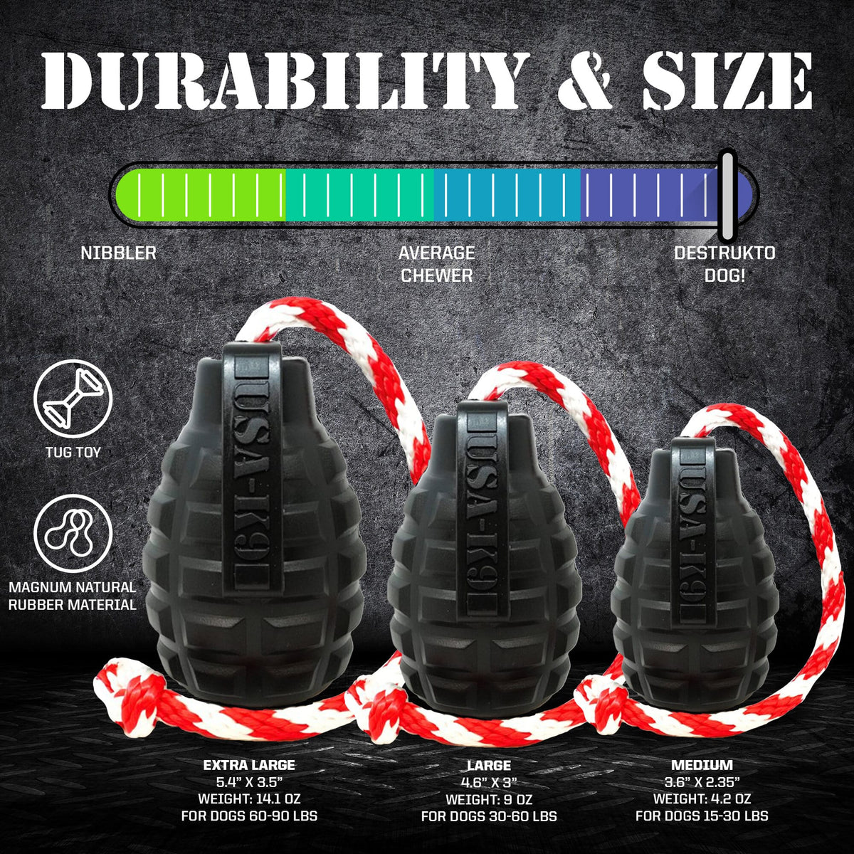 USA-K9 Magnum Grenade Chew Toy | Black Rubber | USA Made