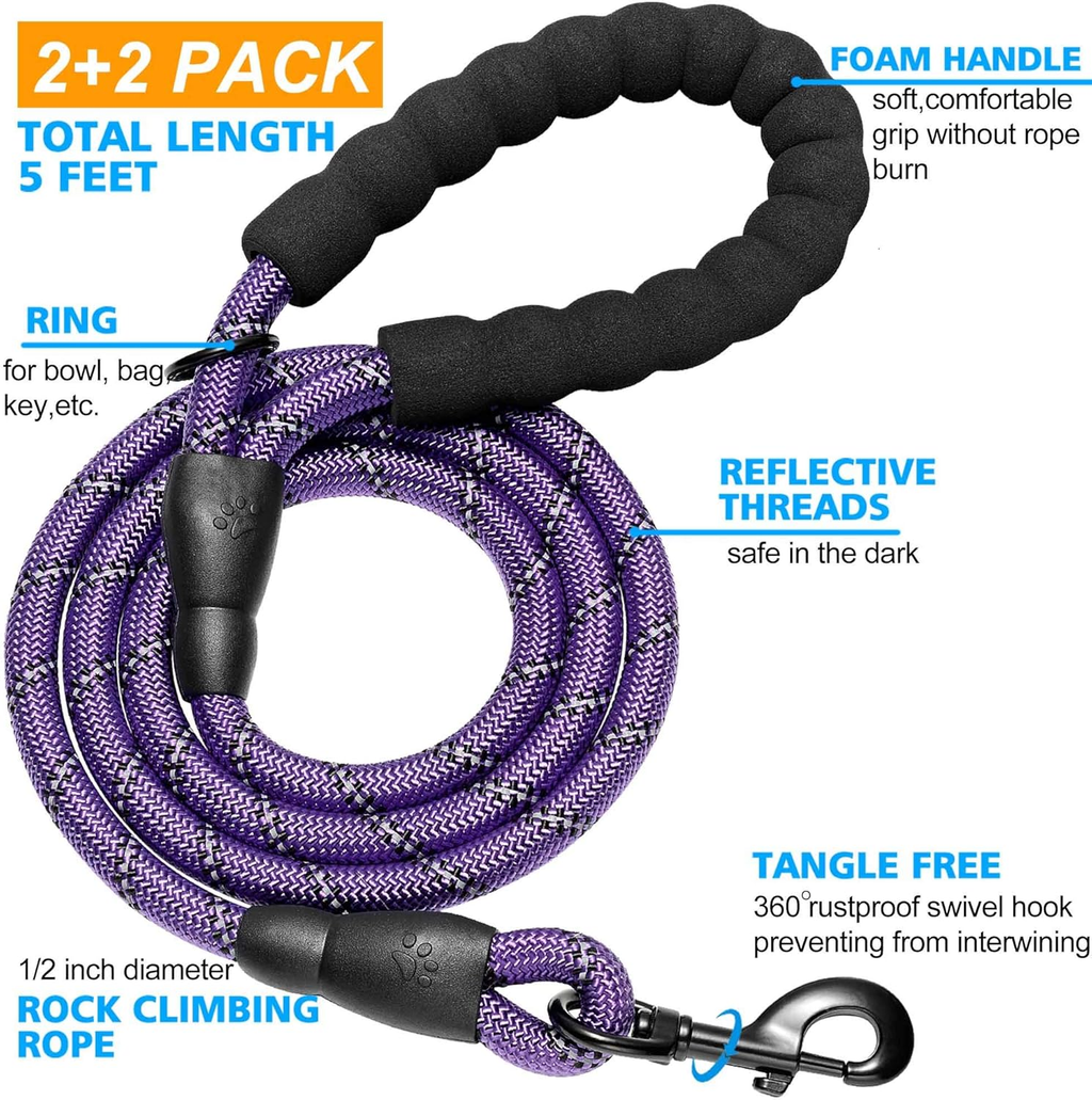 5FT Heavy Duty Dog Leash - 2 Pack with Padded Handle & Reflective Safety for Medium to Large Dogs