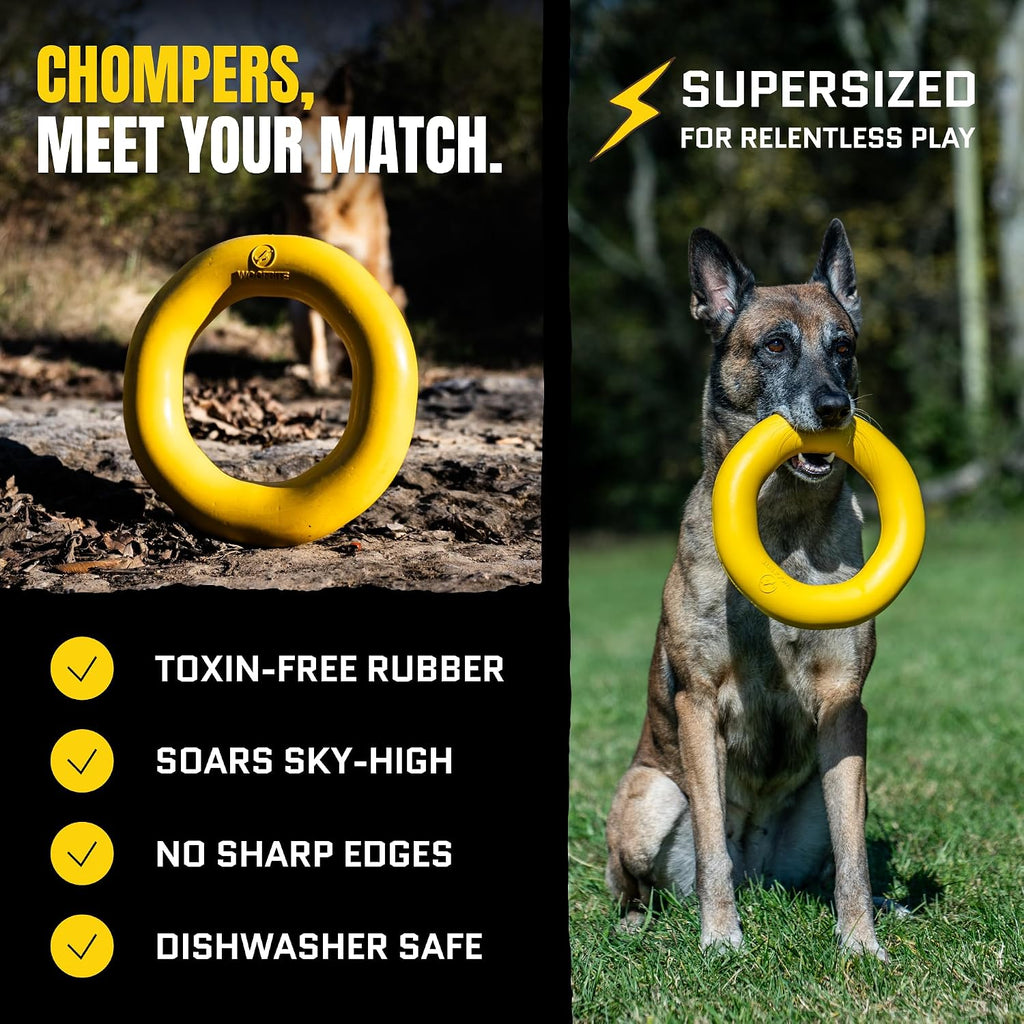 Giant XL Indestructible Dog Ring - Lifetime Replacement Tough Toy for Aggressive Chewers - Safe Natural Rubber - Perfect for Chewing, Tugging, and Fetching - 9"X2", 2.25Lbs