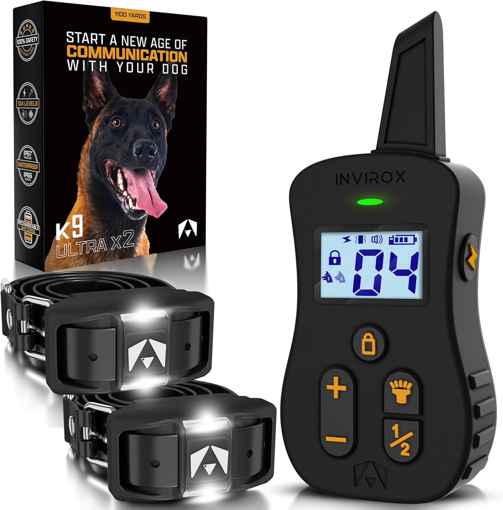 Ultra K9 Dog Shock Collar, 124 Levels, Night Light, IP67 Waterproof (Black, 2 Dog)