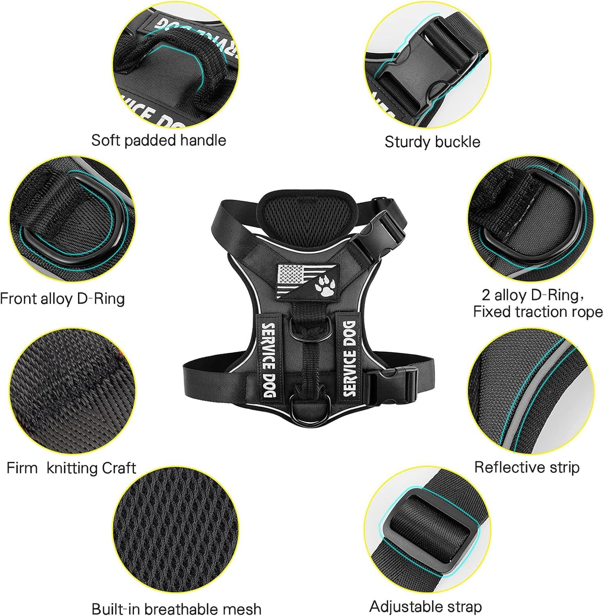 Service Dog Harness, Reflective Dog Vest Harness with 5 PCS Patches, Adjustable Soft Oxford Pet Harness, Inner Layer Mesh, Easy to Control for Dogs